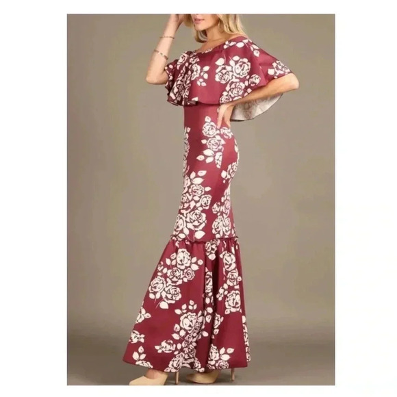🆕NWOT Burgundy Floral Ruffle-Accent Off-Shoulder Dress M🆕 - Picture 3 of 8